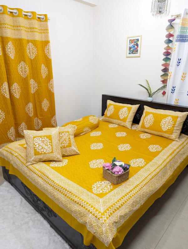 vibrant orange-colored 100% Twill Cotton Hand Block king size bedsheet, meticulously hand-blocked with intricate patterns, adding a pop of color and artisanal flair to your bedroom decor