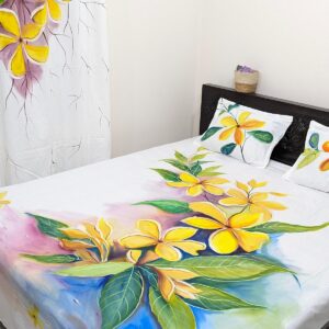 Vibrant floral-patterned Twill cotton bedsheet meticulously hand-painted for premium king-size comfort