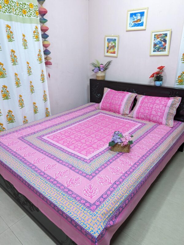 High-quality soft twill cotton bedsheet with intricate hand block printing, showcasing premium craftsmanship.