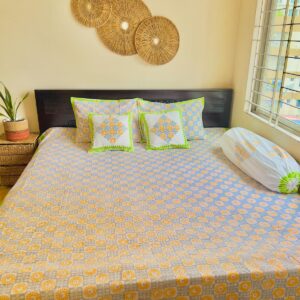 Twill Cotton Luxury Hand Block King Size Bedsheet - ১ বেডশীট + ২পিছ বালিশের কভার