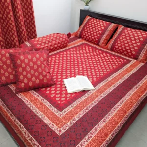 Gorgeous Red Twill Cotton Luxury Hand Block King Size Bedsheet | HB0028