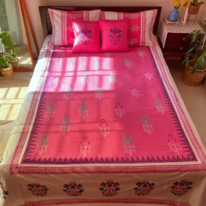 Pink Hand block Printed Cotton Bedsheet - King