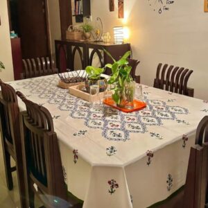 White Floral Hand block Print Table Cloth 6 seater