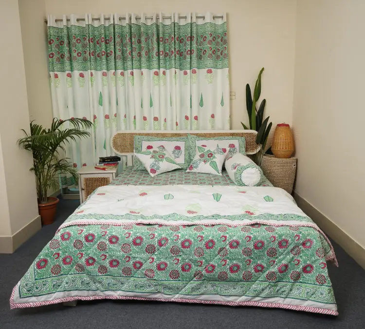 hand block print comboset bedsheet curtain side pillow cushion cover mint red (1)