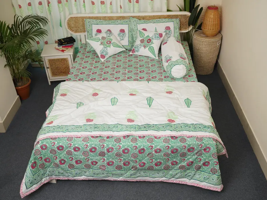 hand block print comboset bedsheet curtain side pillow cushion cover mint red 1(2)