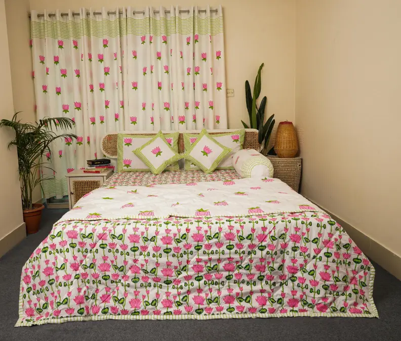 hand block print comboset bedsheet curtain side pillow cushion cover pink 2 (1)