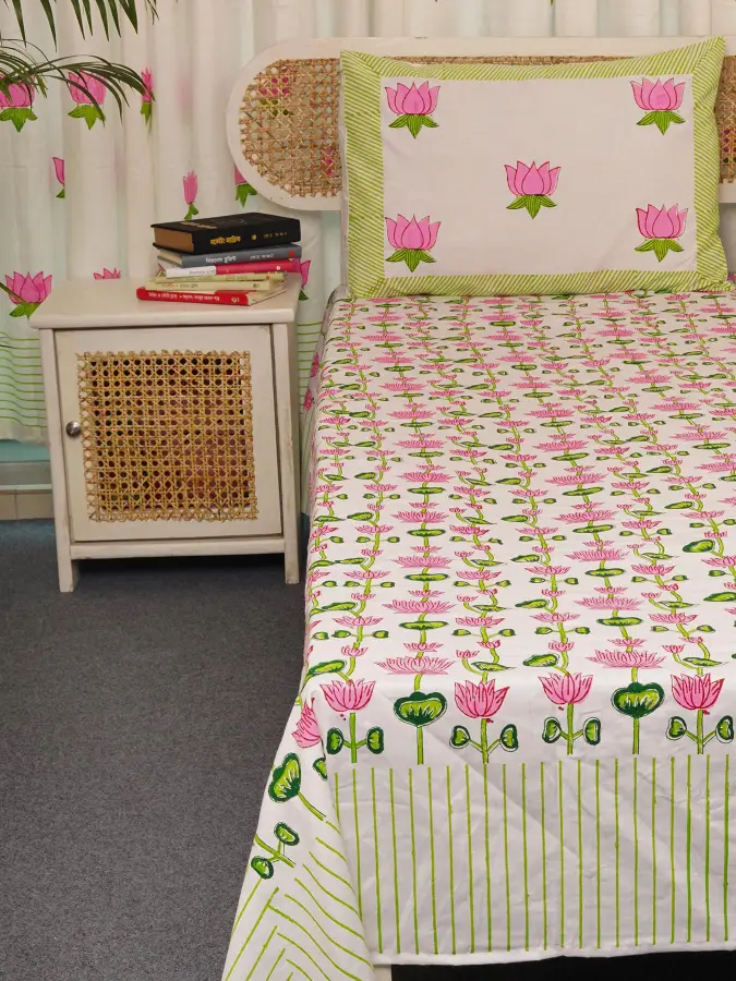 hand block print comboset bedsheet curtain side pillow cushion cover pink green 2 (4)