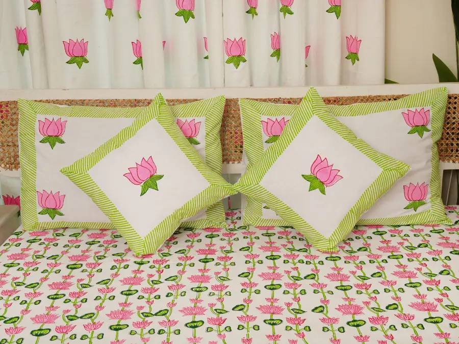 hand block print comboset bedsheet curtain side pillow cushion cover pink green 2 (5)