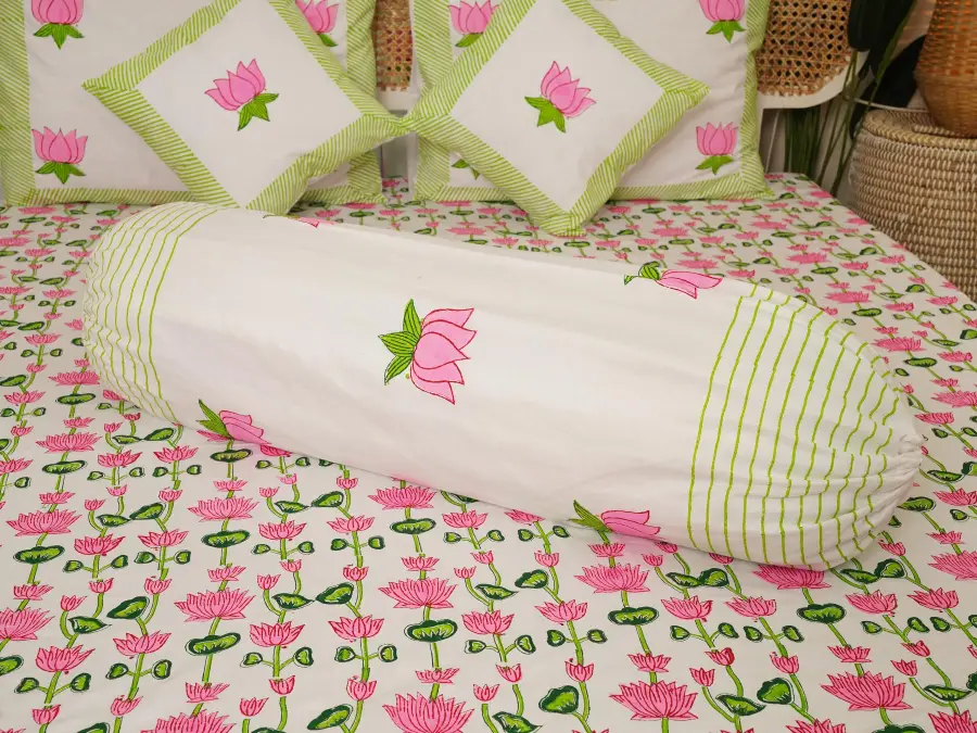 hand block print comboset bedsheet curtain side pillow cushion cover pink green 2 (6)