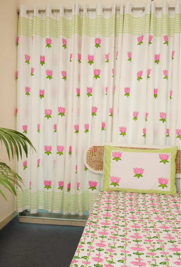 hand block print comboset bedsheet curtain side pillow cushion cover pink green 2 (7)