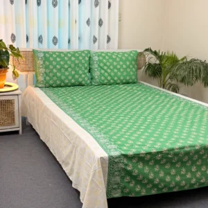 Luxury Embroidered & Hand Block Printed King Size Bedsheet | Handcrafted Pure Cotton with Pillow Covers | HEB0001