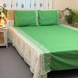 Luxury Embroidered & Hand Block Printed King Size Bedsheet | Handcrafted Pure Cotton with Pillow Covers | HEB0002