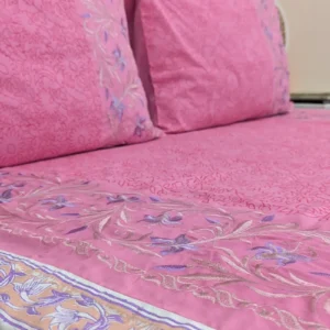 Luxury Embroidered & Hand Block Printed King Size Bedsheet – Handcrafted Pure Cotton with Pillow Covers