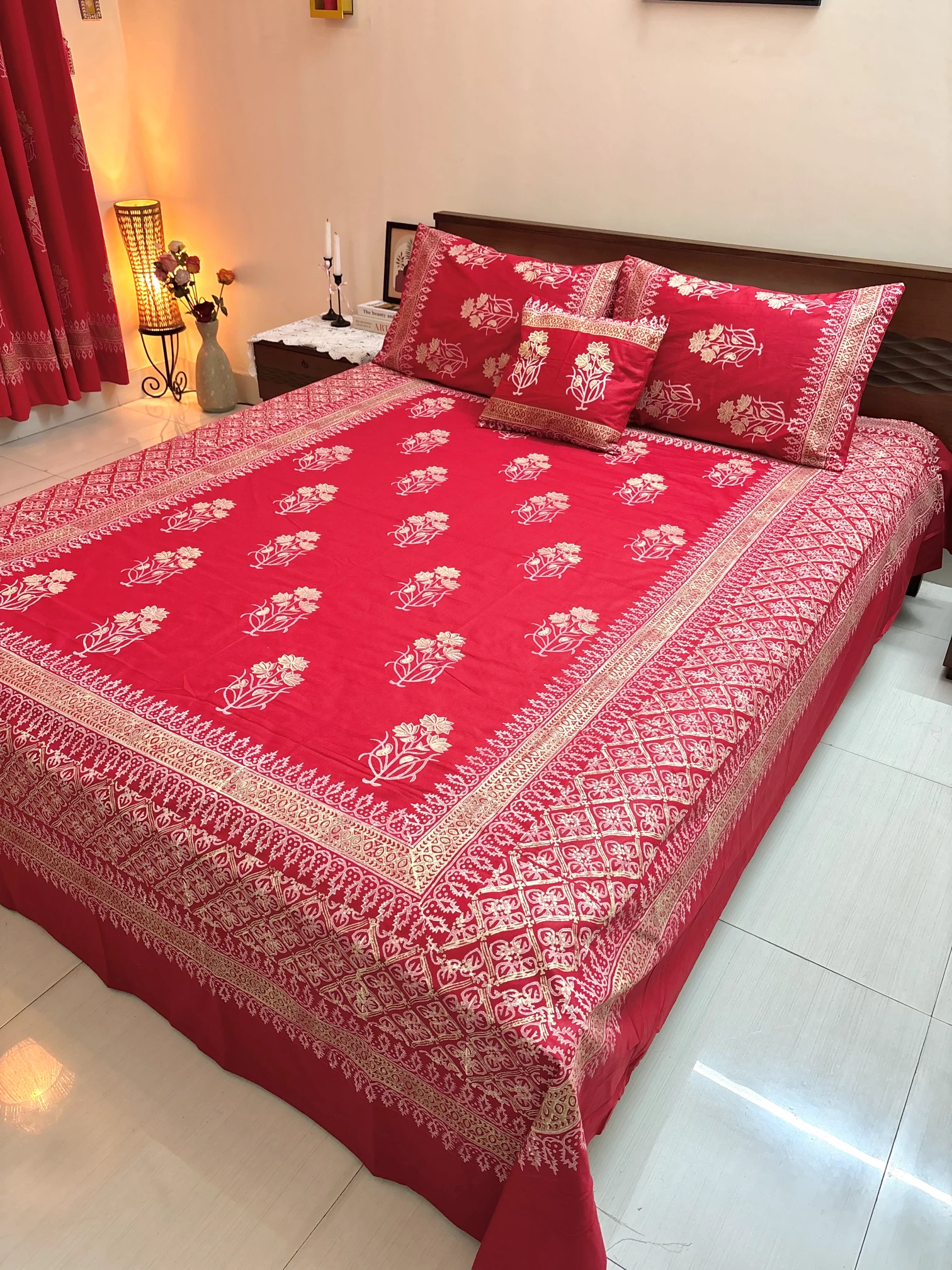 HB0103 luxury hand block bedsheet with pillow cover side pillow cover cushion (1)