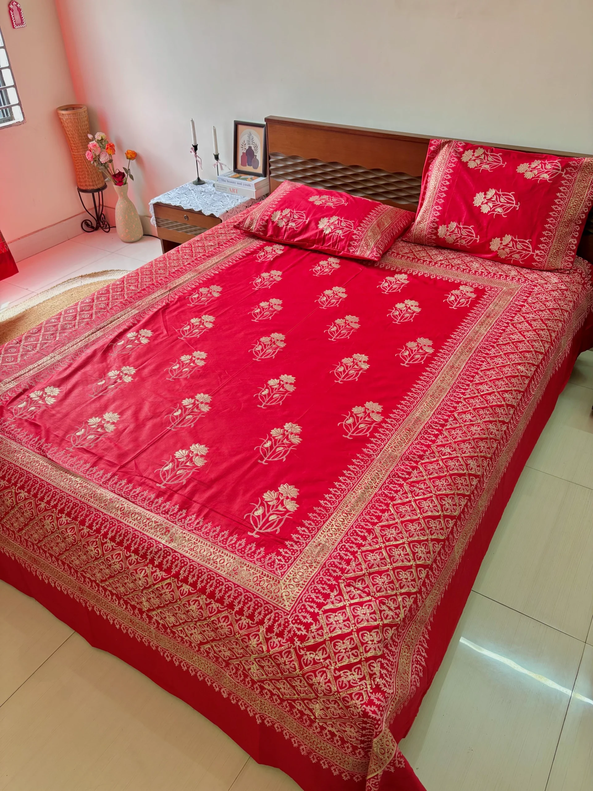 HB0103 luxury hand block bedsheet with pillow cover side pillow cover cushion