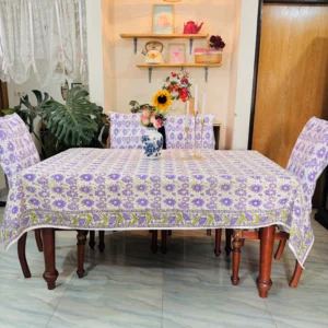 Floral Hand Block Printed Cotton Tablecloth with Chair Cover