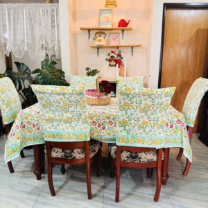 Floral Hand Block Printed Cotton Tablecloth with Chair Cover