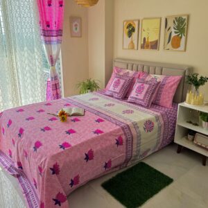 Luxury Hand Block Printed King Size Cotton Bedsheet Set – 100% Twill Cotton, Customizable