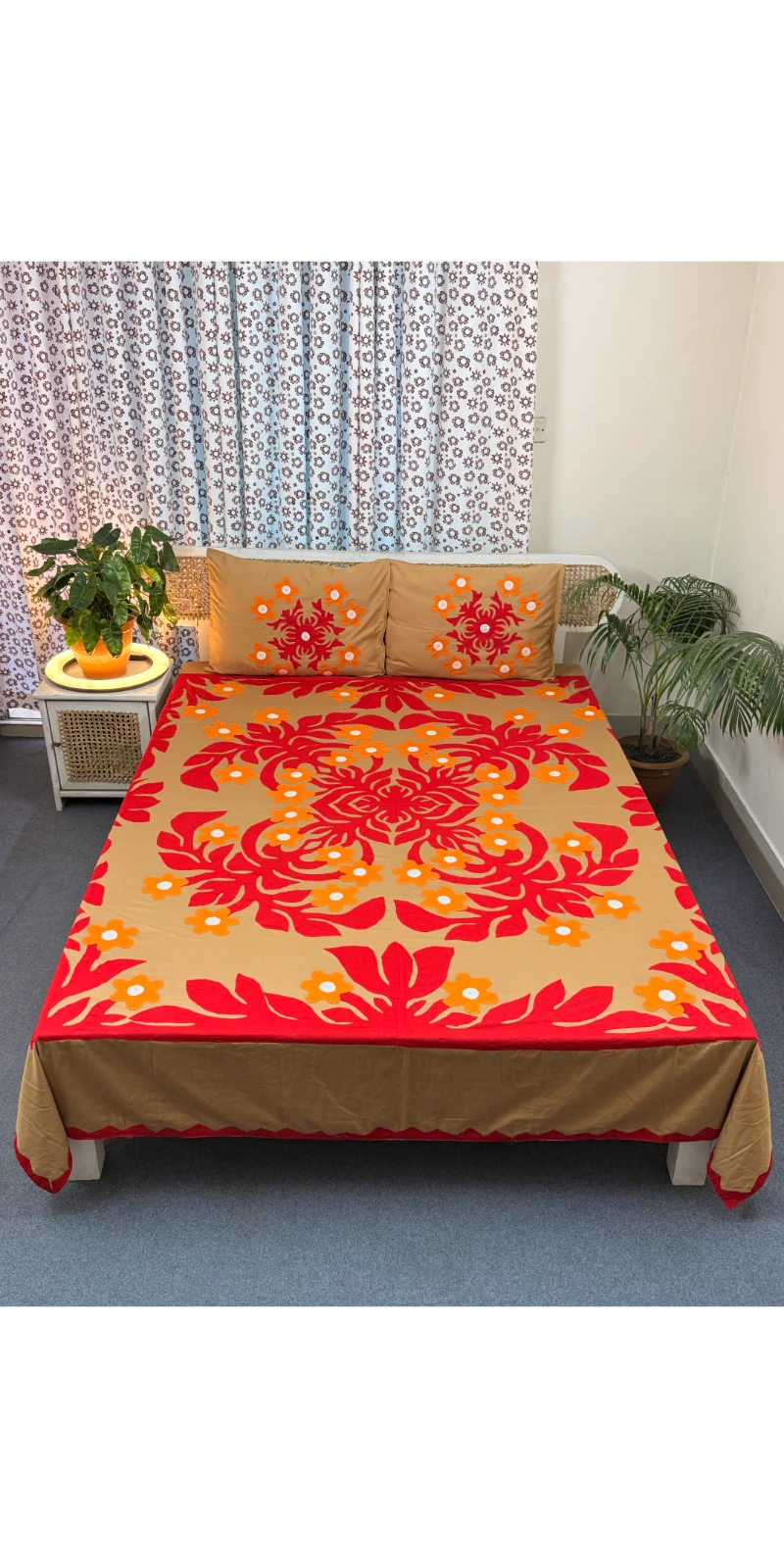 APL0095 Handstich Applique bedsheet with 2 pillow cover (1)