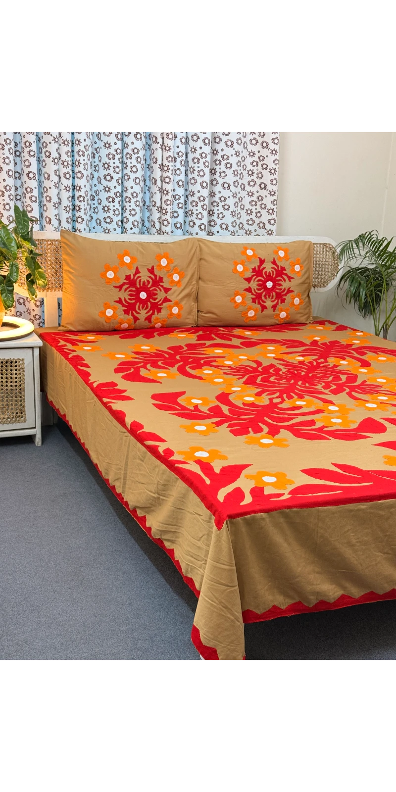 APL0095 Handstich Applique bedsheet with 2 pillow cover (2)