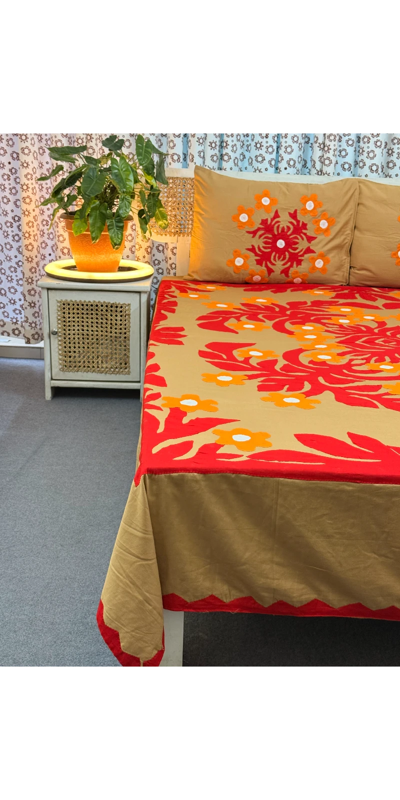 APL0095 Handstich Applique bedsheet with 2 pillow cover (3)