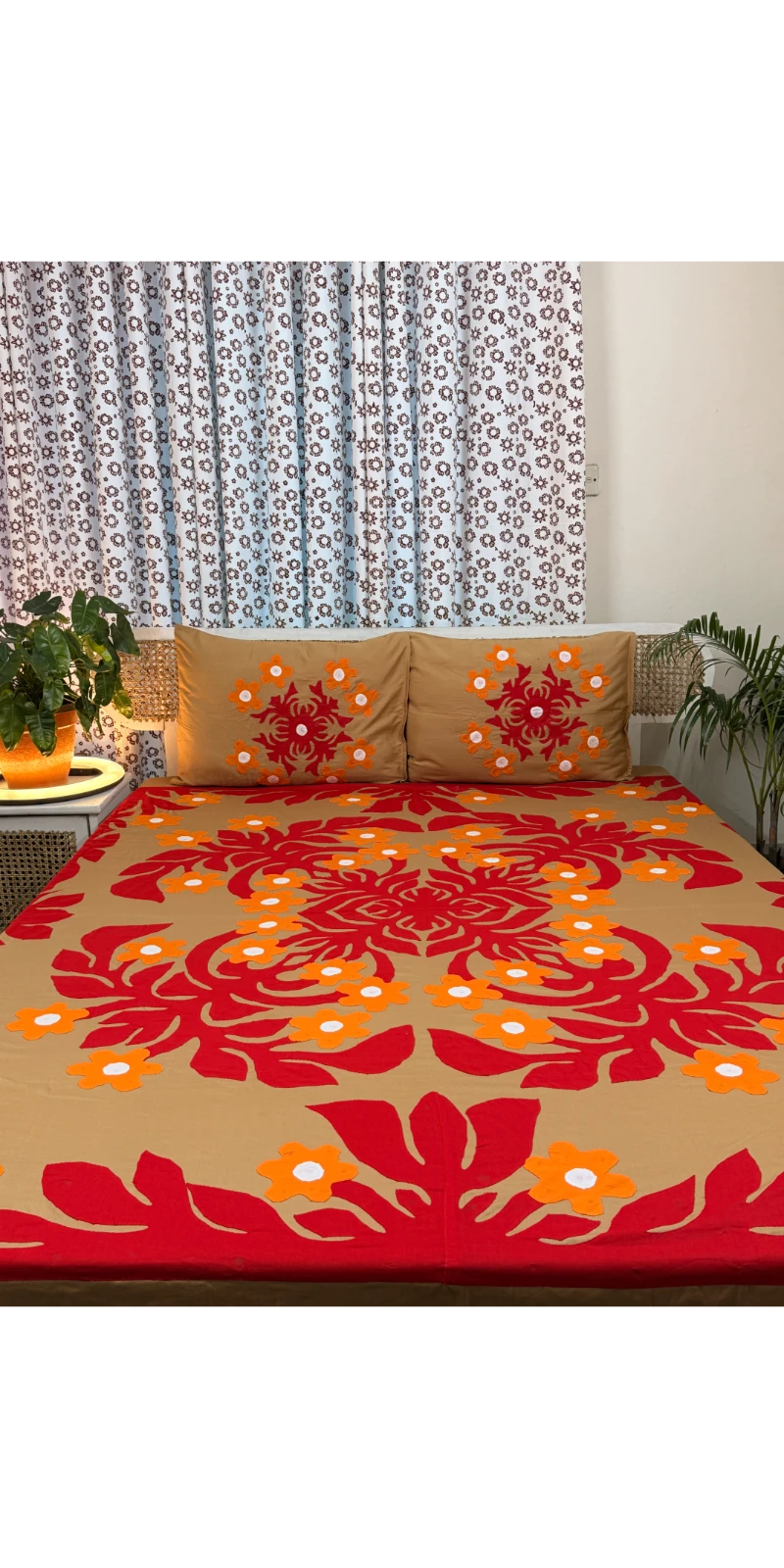 APL0095 Handstich Applique bedsheet with 2 pillow cover (4)