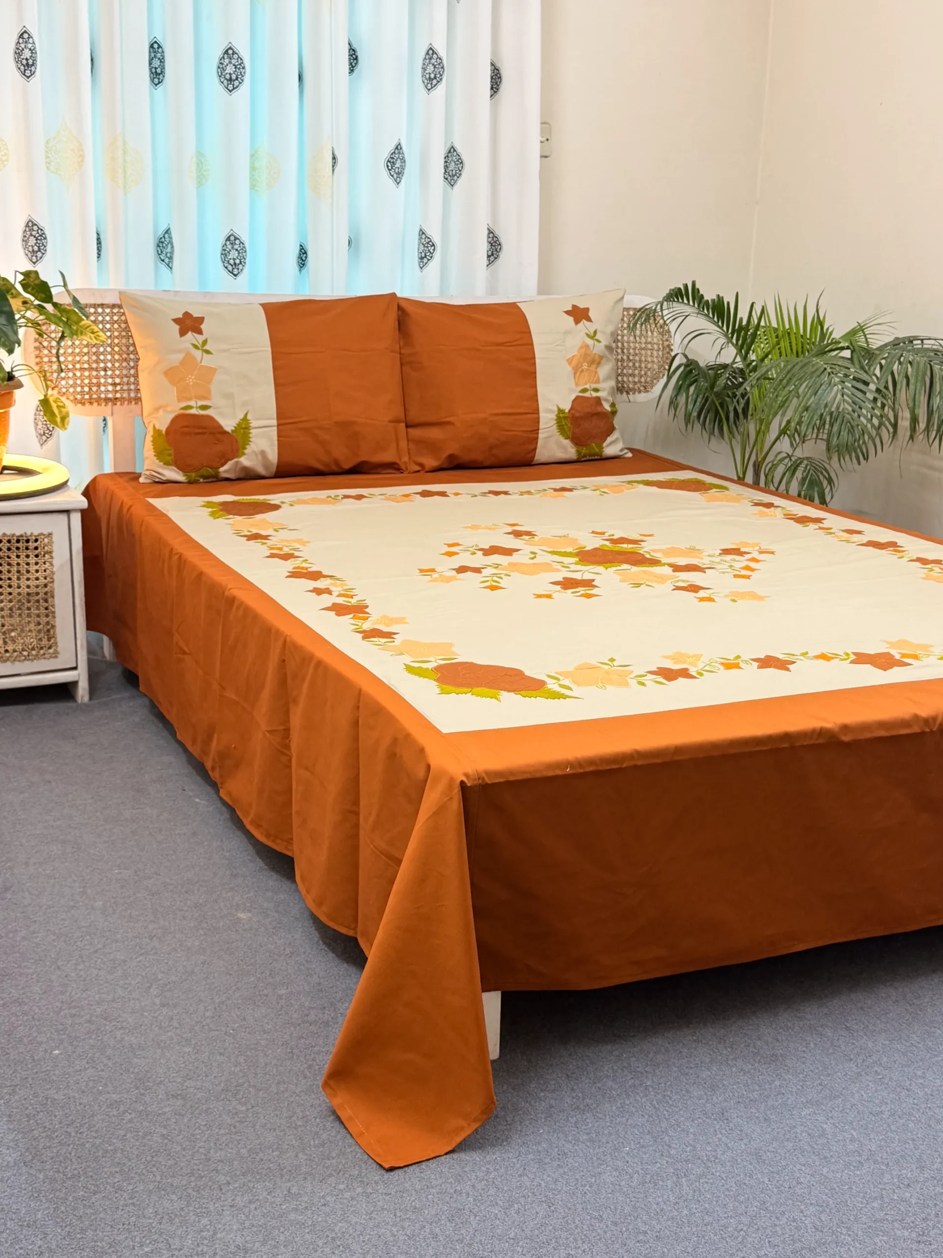 APL0101 hand applique bedsheet with two pillow cover (2)