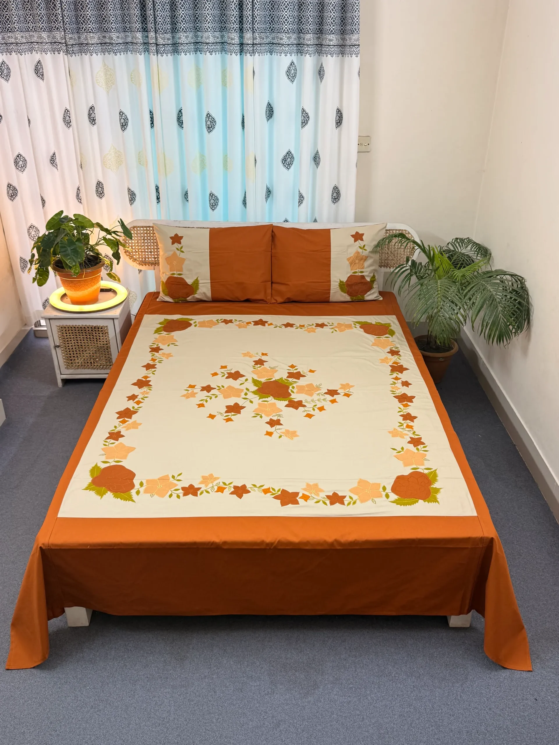 APL0101 hand applique bedsheet with two pillow cover (5)