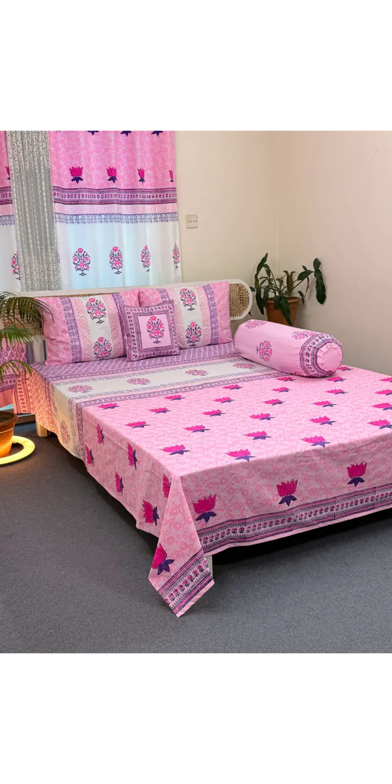 HB0108 Hand Block Pink Bedsheet With Pillow Cover ,Cusion cover,side pillow cover.jpg