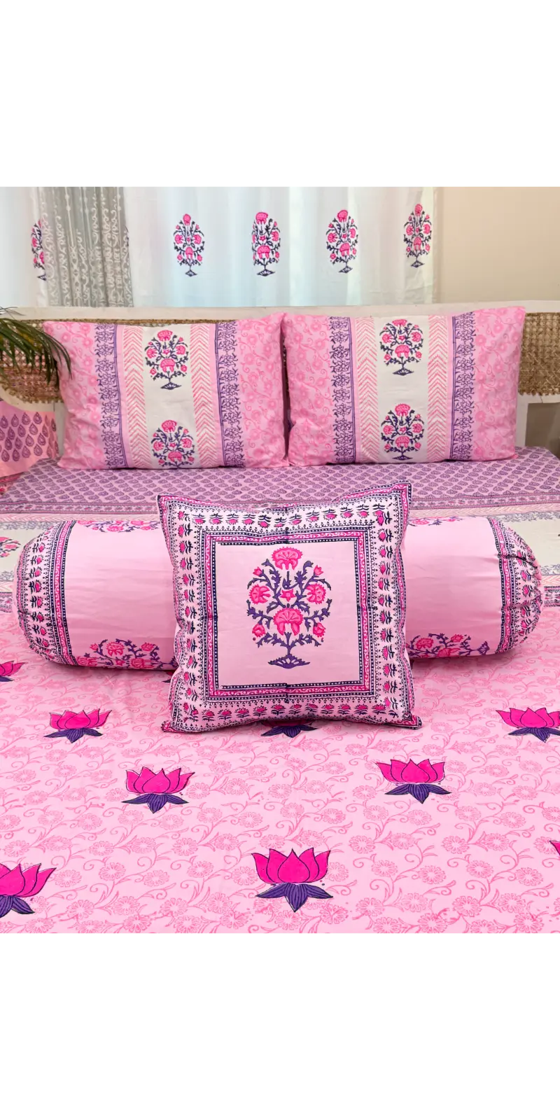 HB0108 Hand Block Pink Bedsheet With Pillow Cover ,Cusion cover,side pillow cover
