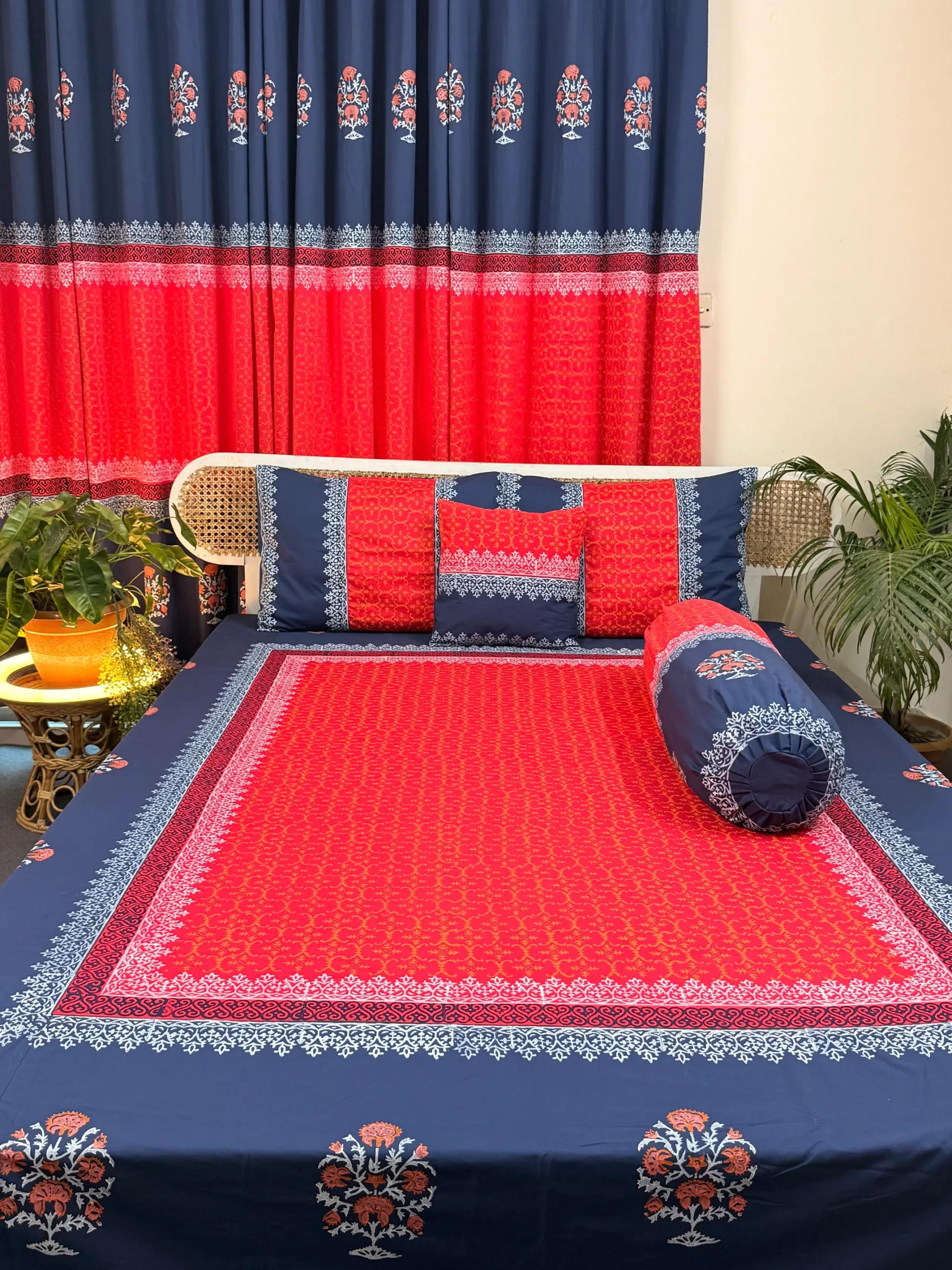HB0120 hand block red blue bedsheet with pillow cover side pillow cover cushion (2)