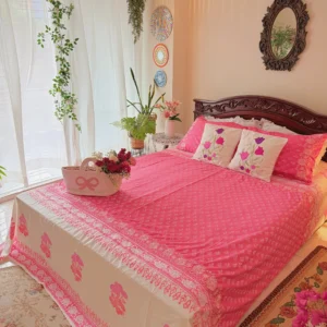 Luxury Embroidered & Hand Block Printed King Size Bedsheet | Handcrafted Pure Cotton with Pillow Covers | HEB0011